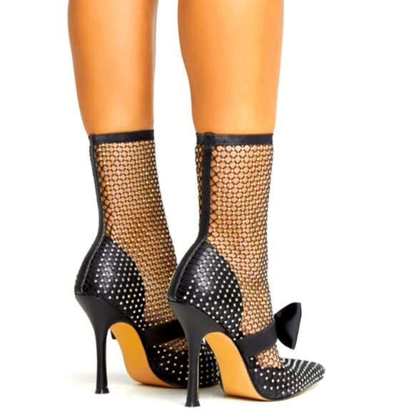 BLACK FISHNET DIAMANTE ANKLE BOOTIE WITH BOW - Picture 3 of 6